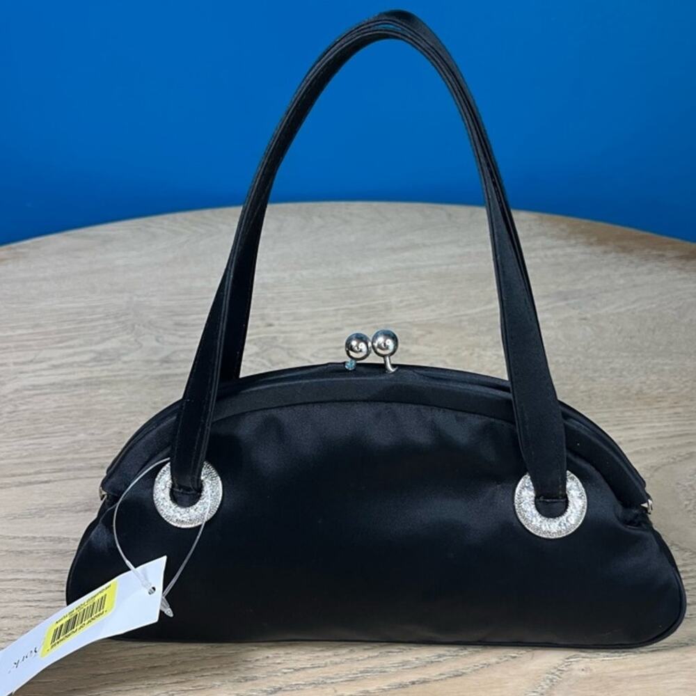 Vintage Y2K NWT Preston & York Black Satin Baguette Rhinestone Clutch Mini Bag